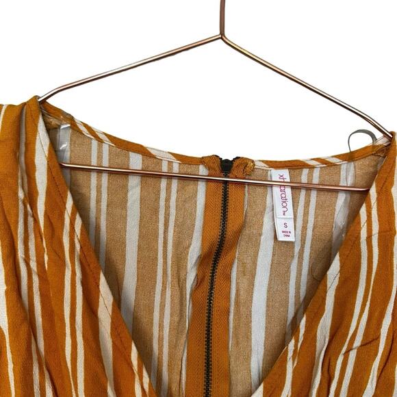Xhilaration Striped Wrap Short Sleeve Ruffle Mini Dress -Mustard & White stripes - Picture 2 of 6